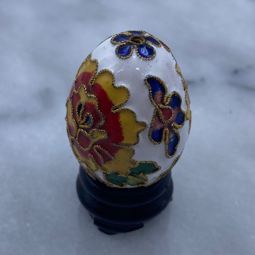 Cloisonne Enamel Floral Miniature Decorative Egg White Red Gold Stand Art Easter
